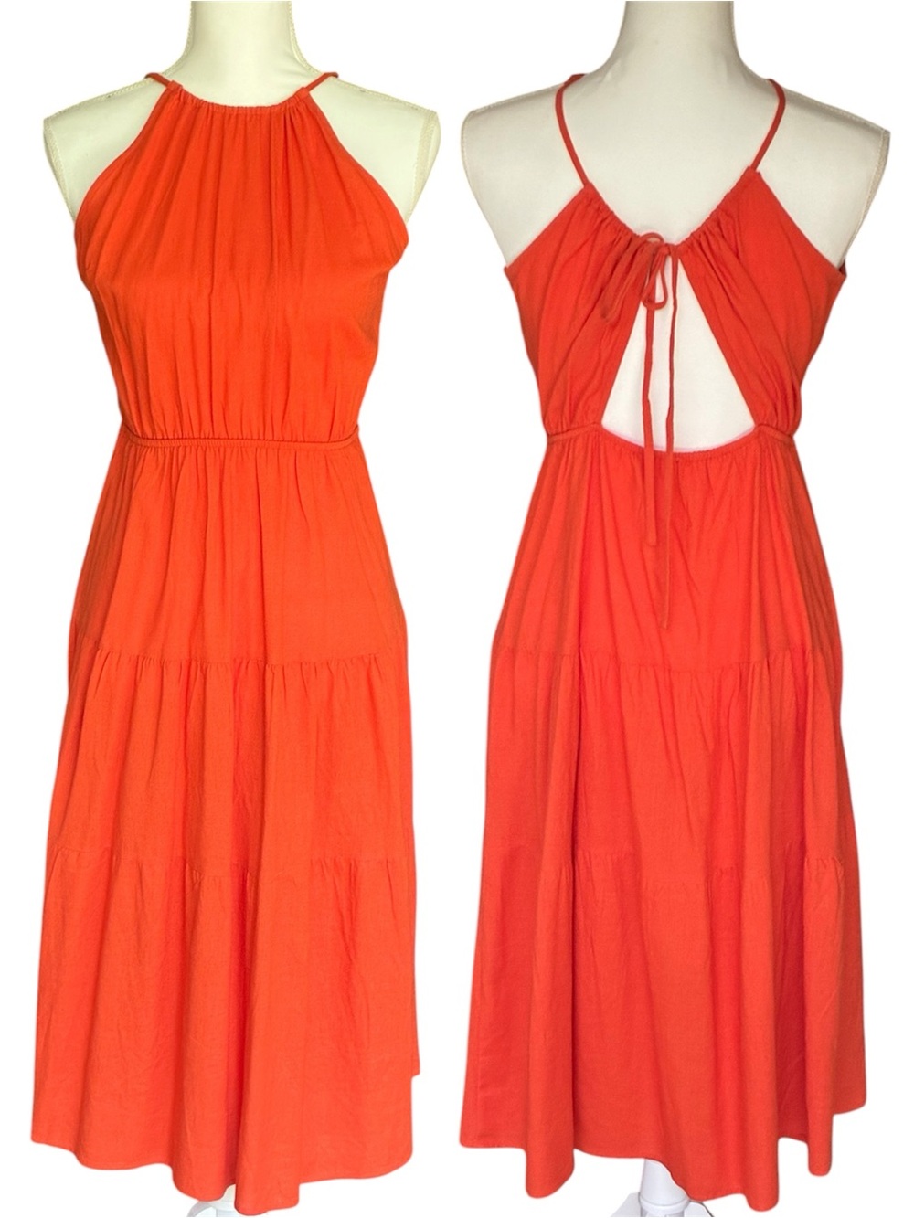 Monteau Los Angeles Bright Orange Halter Tie‎ Open Back Flowy Midi Dress Medium